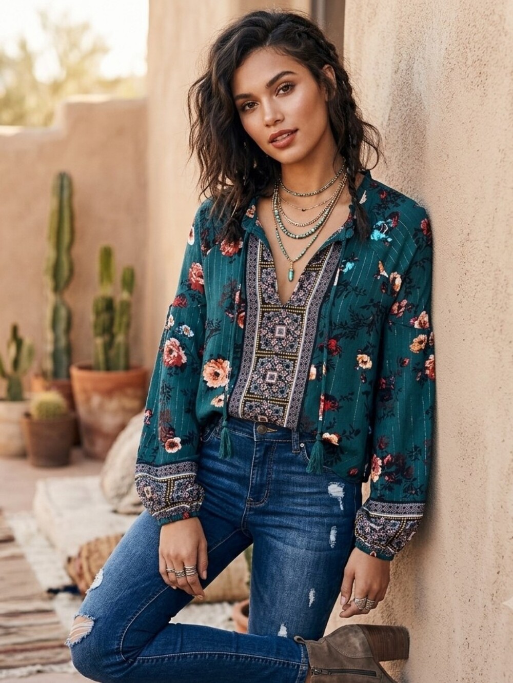 Self Esteem Boho Floral Blouse Teal Lurex Pinstripe Peasant Top Large